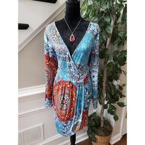 Poseshe Wrap Dress Womens XL Multi Mandala Print Polyester Long Sleeve V Neck